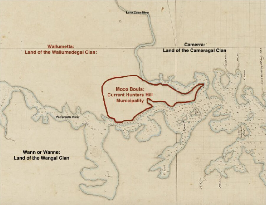 Boundaries of the Wallumedegal Clan superimposed on Chart of Port Jackson by Captain John Hunter, February 1788.