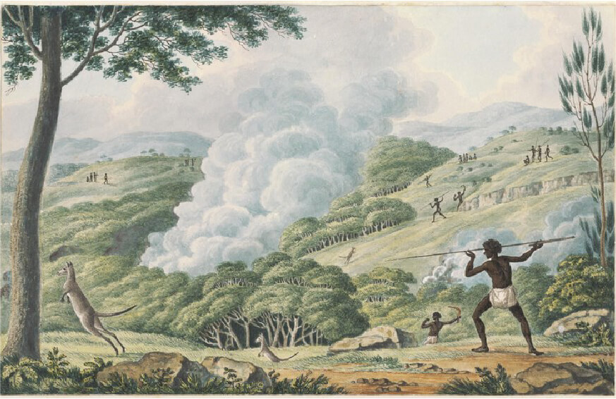 Aborigines Using Fire to Hunt Kangaroos by Joseph Lycett c.1817, housed in the National Library of Australia.