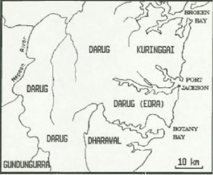 Map of Language Distribution in the Sydney area in 1788 (Kohen 1993).