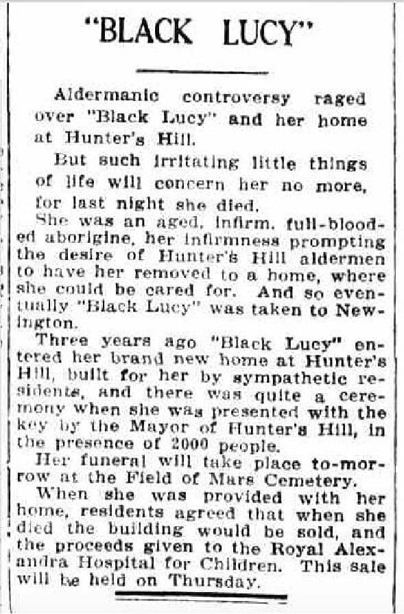 Obituary of “Black Lucy” in The Sun on Monday 10 September 1928.