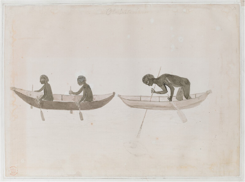 Indigenous Australians in Bark Canoes, Drawing by Tupaia, April 1770, housed in British Library.